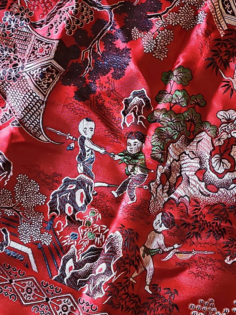 Vintage Chinese RED Silk Brocade Large Piano Shawl / Tablecloth Tapestry